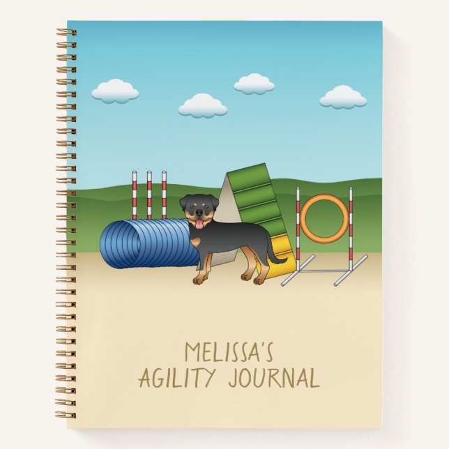 Cuaderno Rottweiler negro y fuego con equipo de agilidad (Anverso)
