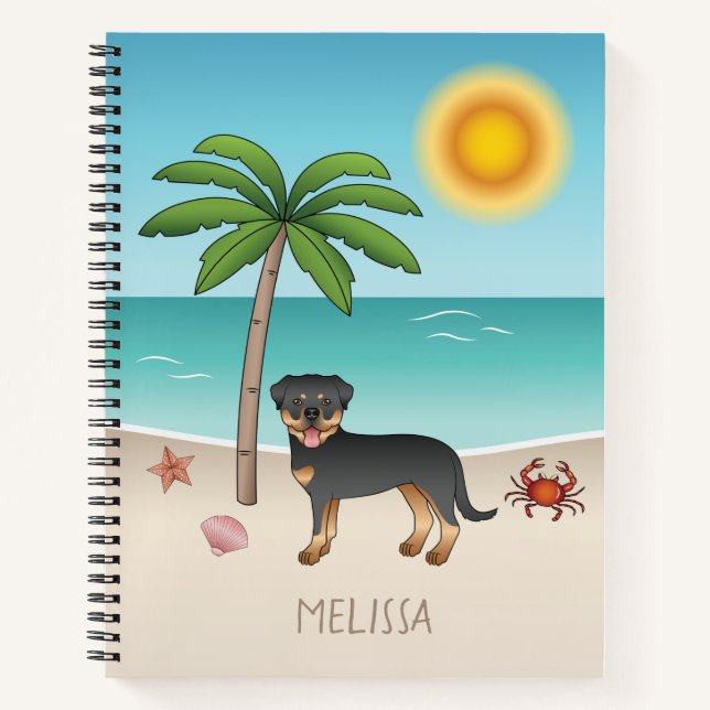 Cuaderno Rottweiler negro y marrón en una playa tropical de (Anverso)