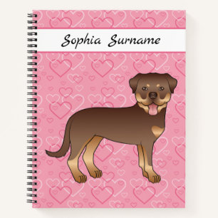 Cuaderno Rottweiler Rojo y Beige sobre Corazones Rosados y 