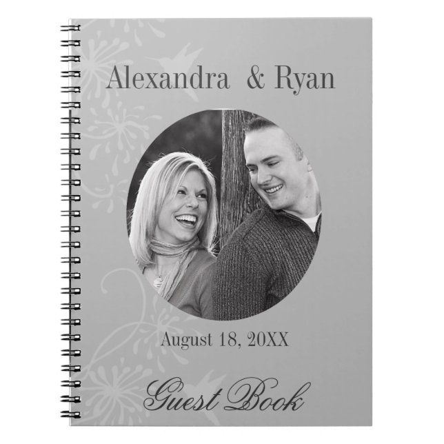 Cuaderno Rótulo de invitado de Boda blanco y gris en (Frente)