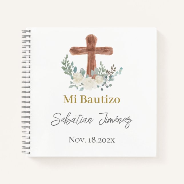 Cuaderno Rótulo invitado de bautismo floral blanco (Anverso)