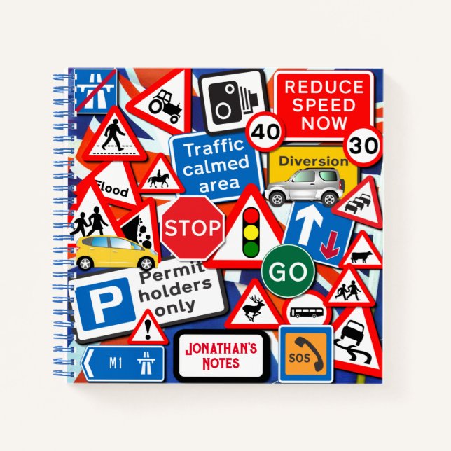 Cuaderno Rótulos de carretera coloridos y automóviles perso (Anverso)
