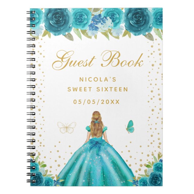 Cuaderno Rubia Floral Teal Princesa Cumpleaños Dieciséis (Frente)