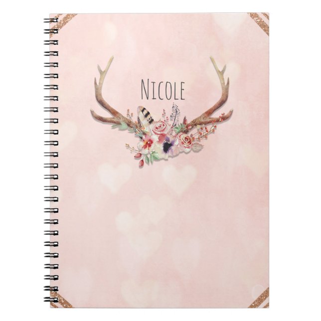 Cuaderno Rubor de rosa flores ciervo astas boho chic (Frente)