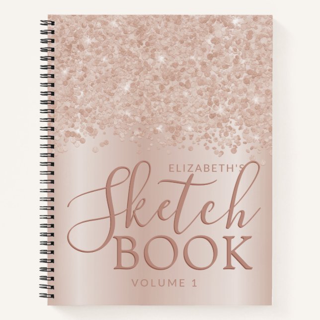 Cuaderno Rubor Pink Rose Gold Custom Name Girly Sketchbook (Anverso)