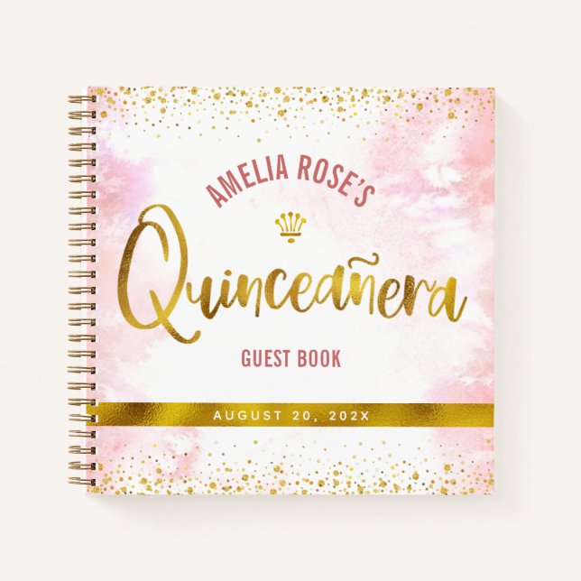 Cuaderno Rubor Pink Watercolor Gold Quinceañera Guest Book (Anverso)