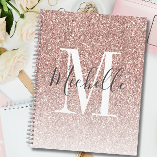 Cuaderno Rubor Rosa Dorado Glitter Monograma Nombre Femenin