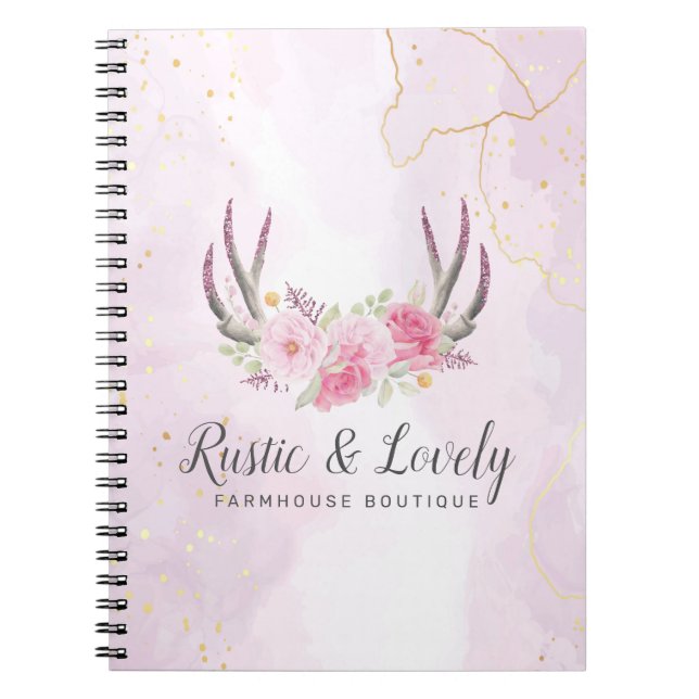 Cuaderno Rubor Rosa Dorado Mármol Rústico Floral Cuernecill (Frente)