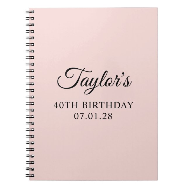 Cuaderno Rubor y Negro Elegante Script Cumpleaños 40 (Frente)