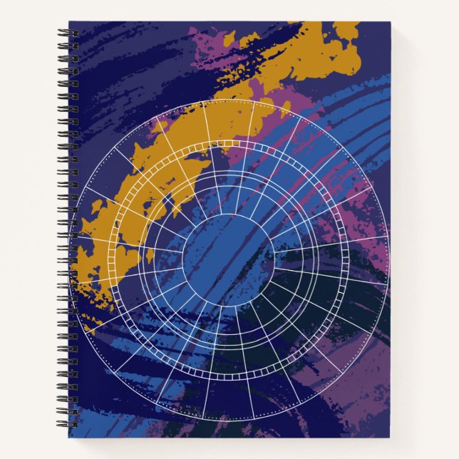 Cuaderno Rueda astrológica azul púrpura amarilla abstracta (Anverso)