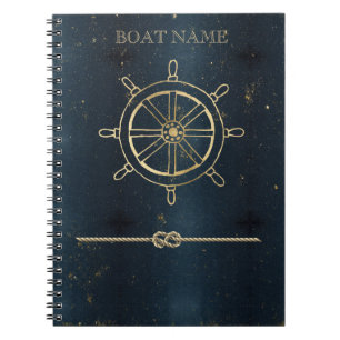 Cuaderno Rueda de barco en oro náutico, azul oscuro
