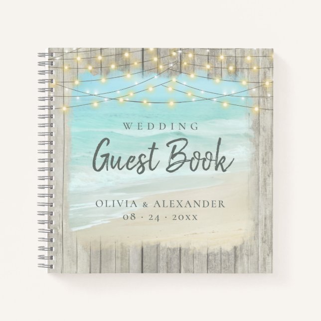Cuaderno Rustic Beach String Lights Boda Guest Book (Anverso)
