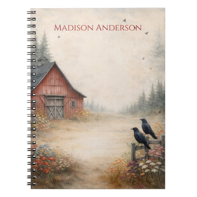 Cuaderno Rustic Red Barn, Crows, Farm Scene | (Frente)