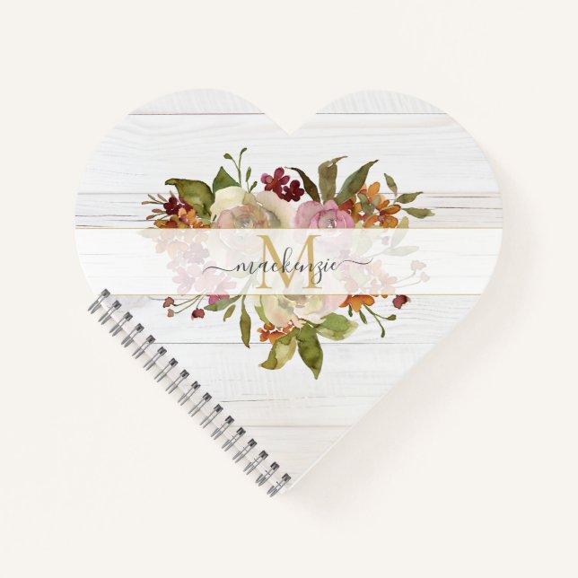 Cuaderno Rustic Watercolor Rose Bouquet Monogram (Anverso)