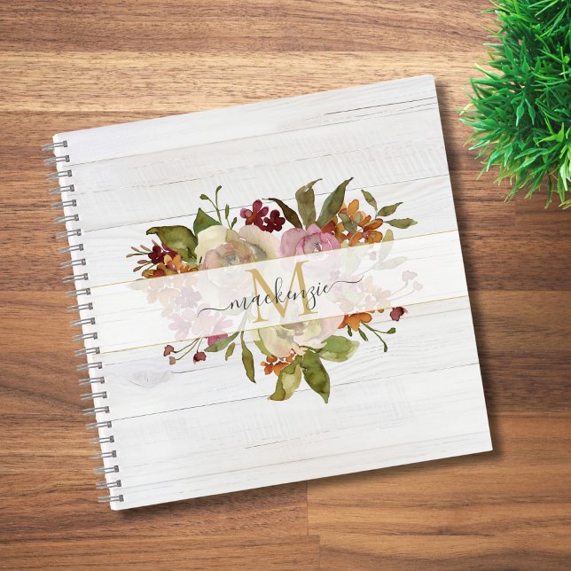 Cuaderno Rustic Watercolor Rose Bouquet Monogram (Subido por el creador)