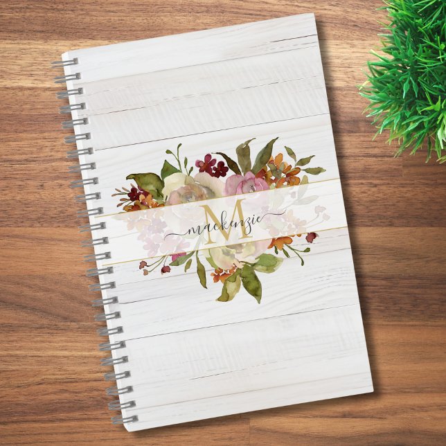Cuaderno Rustic Watercolor Rose Bouquet Monogram (Subido por el creador)