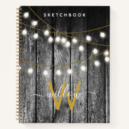 Cuaderno Rustic Wood Gold String Lights Monograma Sketchboo