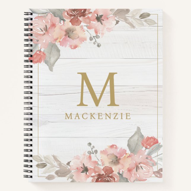 Cuaderno Rustic Wood Pink Floral Watercolor Monogram (Anverso)