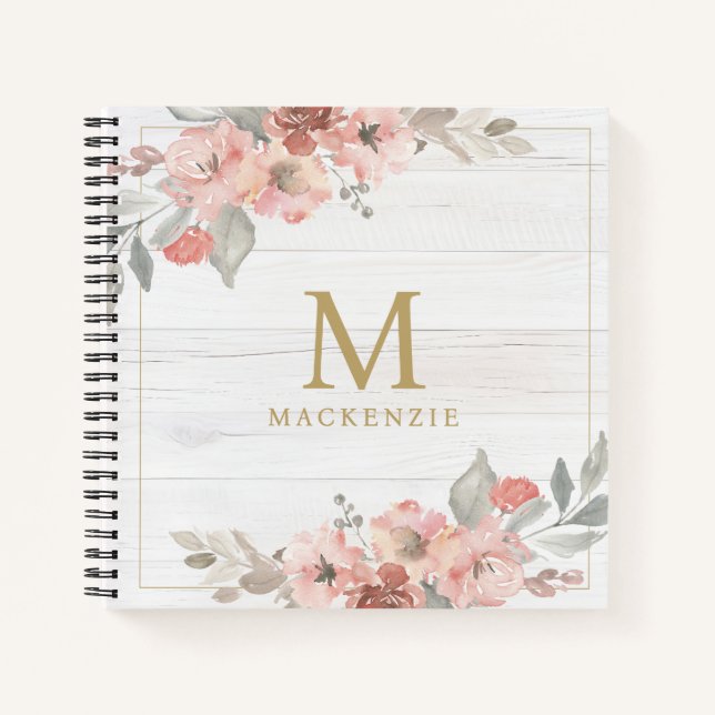 Cuaderno Rustic Wood Pink Floral Watercolor Monogram (Anverso)
