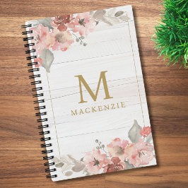 Cuaderno Rustic Wood Pink Floral Watercolor Monogram