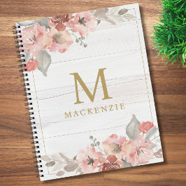 Cuaderno Rustic Wood Pink Floral Watercolor Monogram