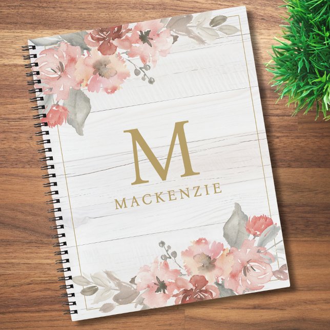 Cuaderno Rustic Wood Pink Floral Watercolor Monogram (Subido por el creador)