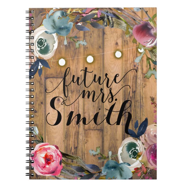 Cuaderno Rustic Wood Stick Floral Wreath Lights Future Mrs. (Frente)