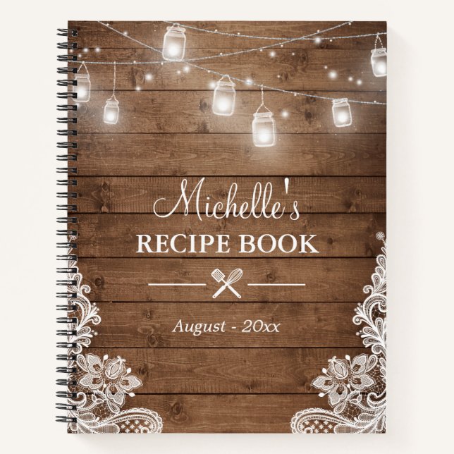 Cuaderno Rústica Wood Look String Lights Lace Recipe Book (Anverso)
