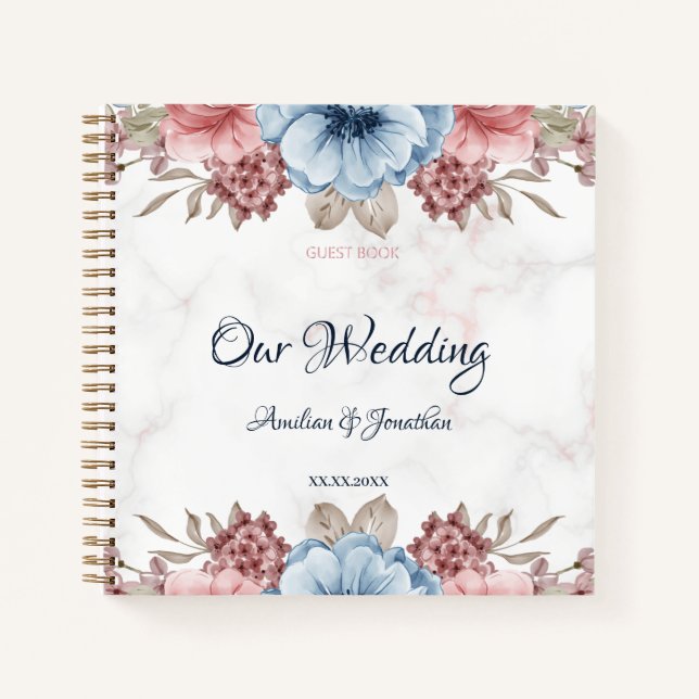 Cuaderno Rústico Boda floral rosa azul dorado (Anverso)
