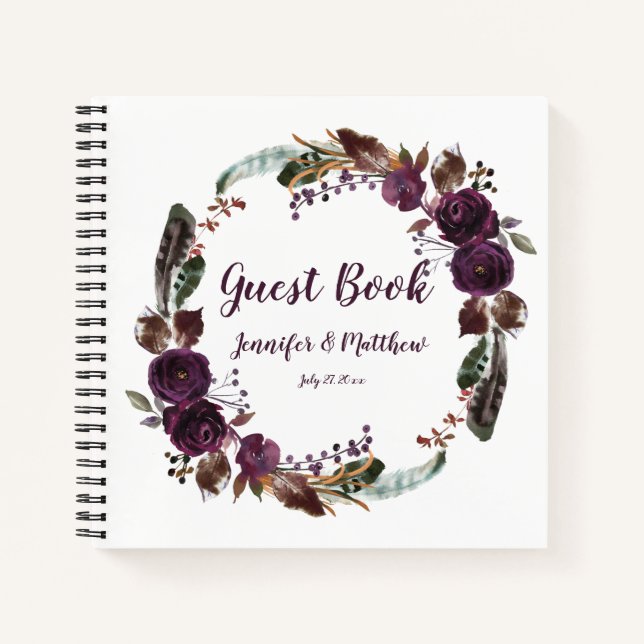 Cuaderno Rústico Boho Eggplant Morple Rosa Wreath Guest Boo (Anverso)