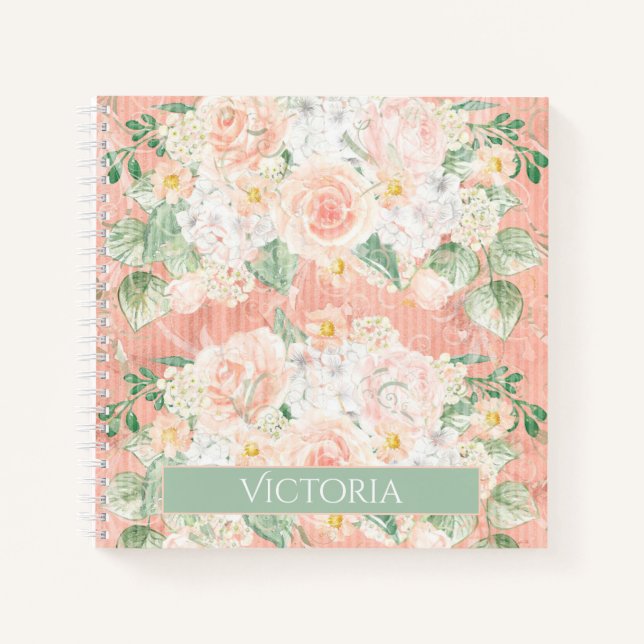 Cuaderno Rústico Floral Peach Green Personalizado (Anverso)
