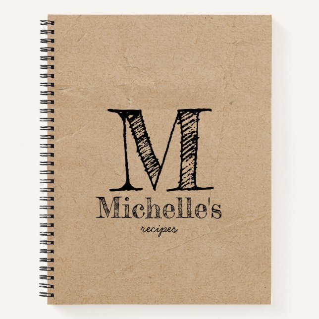 Cuaderno Rústico Kraft Brown Paper Look Monogram Recipes (Anverso)