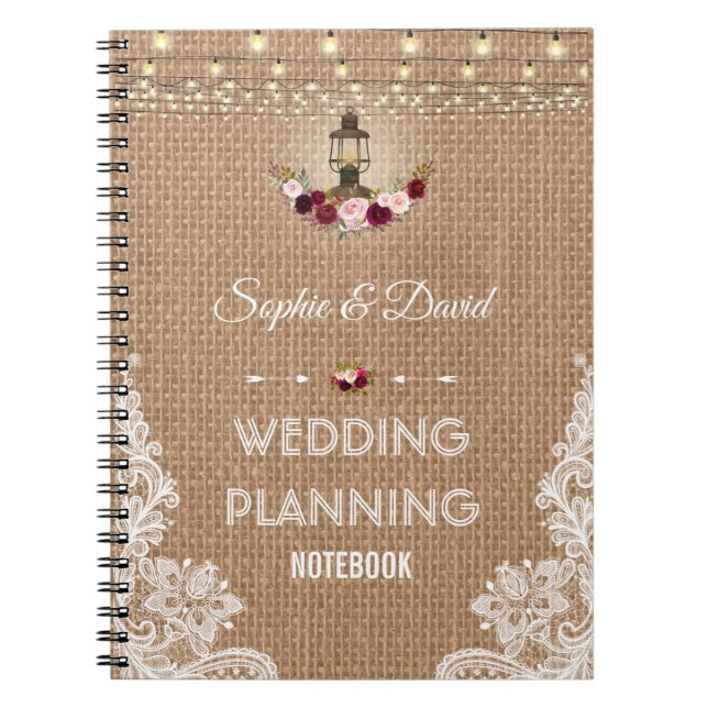 Cuaderno Rústico Lace Burlap String Luces Planner de Boda (Frente)