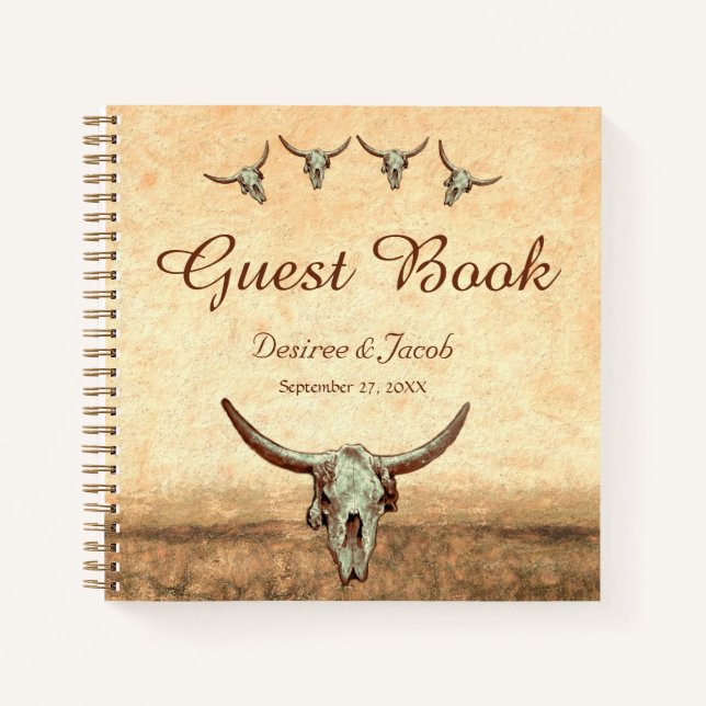 Cuaderno Rústico Occidental País Boda Cow Bull Skull (Anverso)