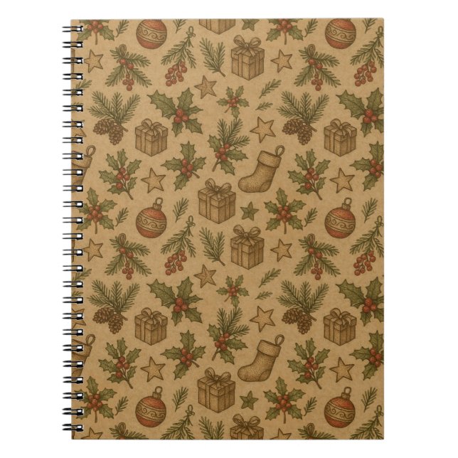 Cuaderno Rústico, patrón navideño vintage (Frente)