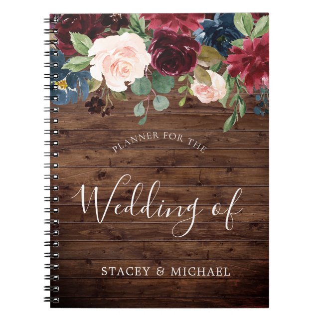 Cuaderno Rústico planificador de bodas florales de vino roj (Frente)
