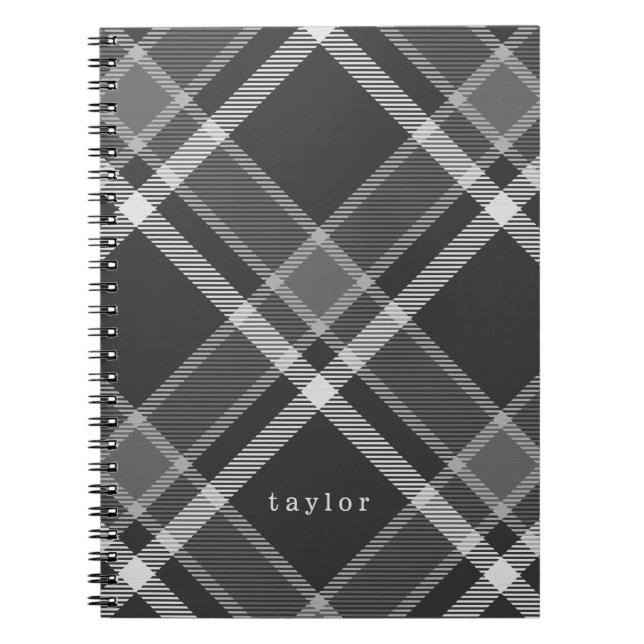 Cuaderno Rústico Tartán negro y gris con nombre (Frente)