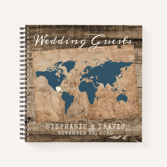 Cuaderno Rústico Wood World Map Beach Destination Guest Boo (Anverso)