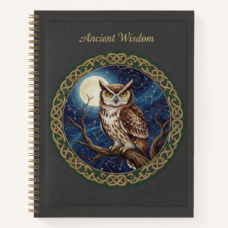 Cuaderno Sabiduría Antigua Búho Bordado y Luna Celestial