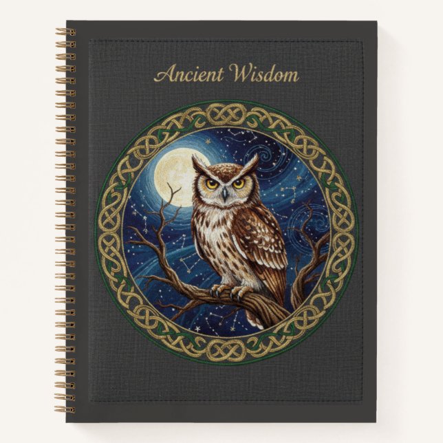Cuaderno Sabiduría Antigua Búho Bordado y Luna Celestial (Anverso)