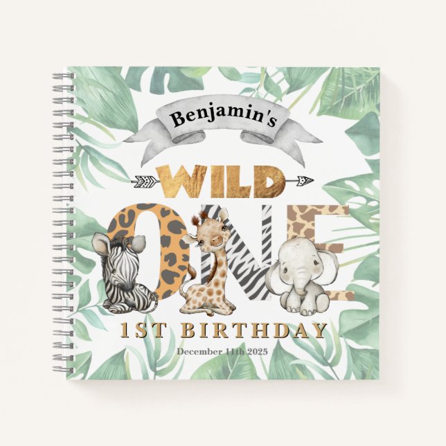 Cuaderno Safari 1st Birthday Guest Book Spiral Notebook (Anverso)