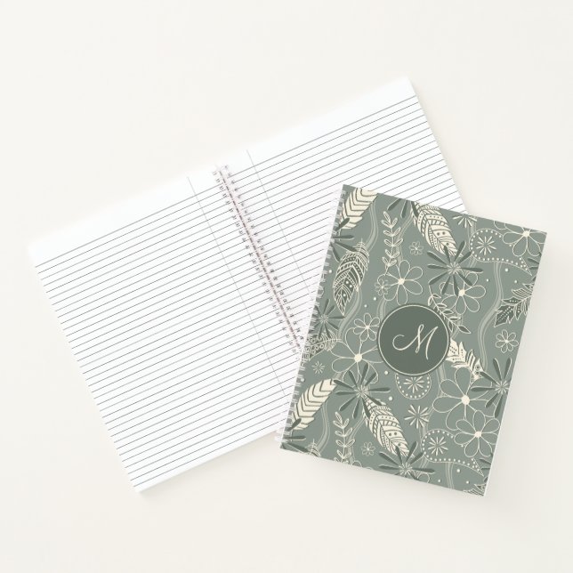 Cuaderno sage boho polvoriento plumas paislies monograma (Interior)