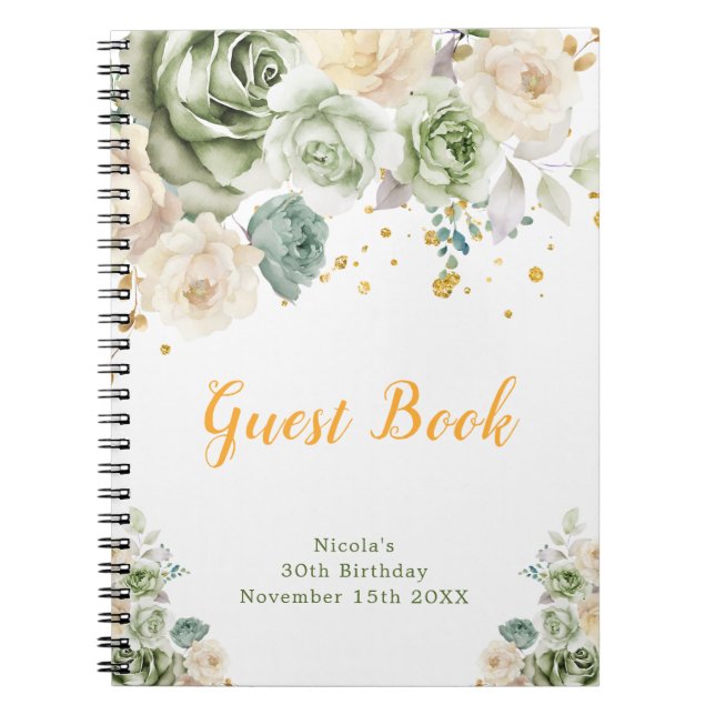 Cuaderno Sage Green and Cream Floral Birthday Guest Book (Frente)