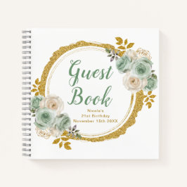 Cuaderno Sage Green and Gold Elegant Flowers Birthday Party