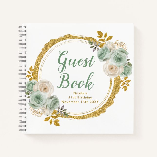 Cuaderno Sage Green and Gold Elegant Flowers Birthday Party (Anverso)