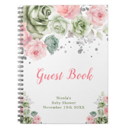 Cuaderno Sage Green and Pink Floral Baby Shower Guest Book