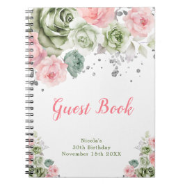 Cuaderno Sage Green and Pink Floral Birthday Guest Book
