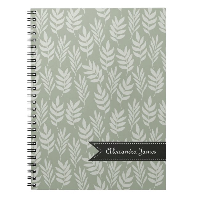 Cuaderno Sage Green Elegant Leaves Patrón Con Nombre (Frente)