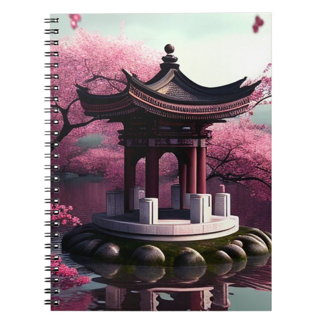 Cuaderno Sakura Cherry Blossom Garden Shrine Pond Japonés (Frente)
