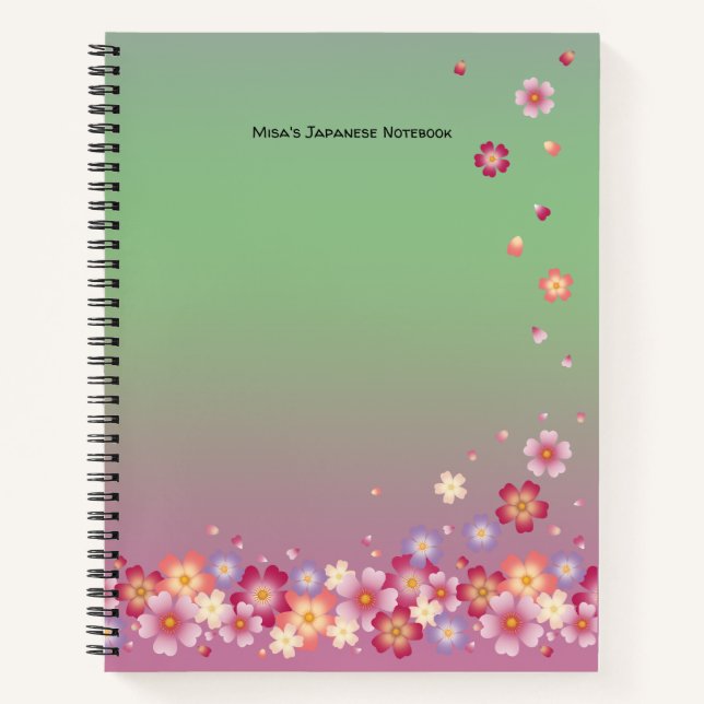 Cuaderno Sakura florece estudiante Personalizado verde rosa (Anverso)